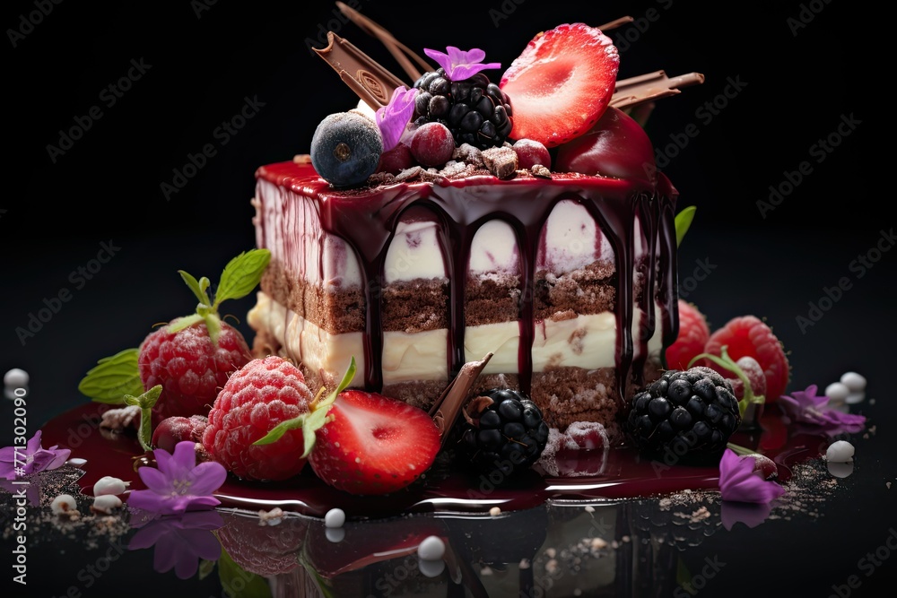 Poster a delectable piece of chocolate fruit cake topped with a colorful array of fresh fruits, creating a 