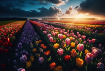 Fototapeta premium Tulip fields with diverse colored flowers at sunrise