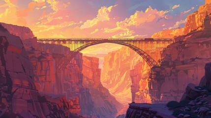 Bridge Spanning Canyon, outdoor, sunrise - obrazy, fototapety, plakaty