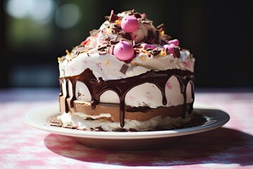 A rich chocolate cake topped with creamy white frosting and colorful sprinkles, ready to indulge your taste buds. Generative AI