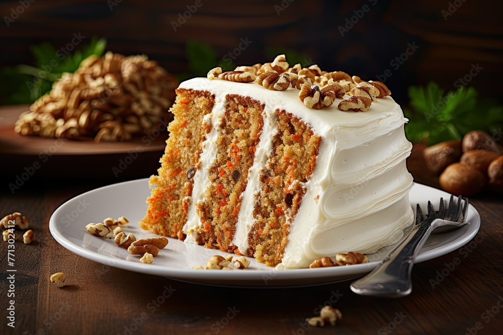 Poster a moist and flavorful slice of carrot cake sits on a plate next to a fork, ready to be enjoyed. gene