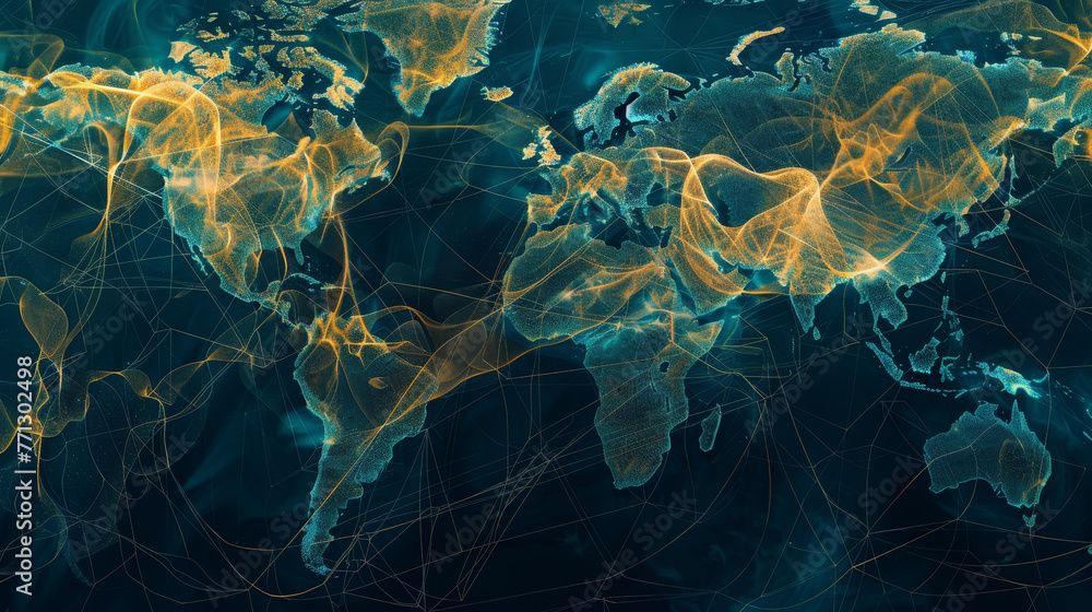 Poster a map of the world with a lot of lines and dots
