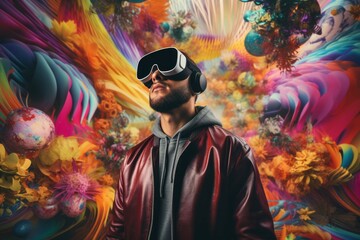Fototapeta na wymiar Man wearing VR glasses exploring a virtual world