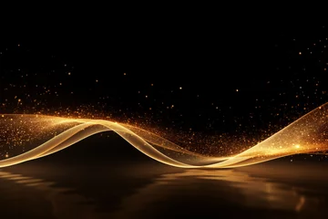 Fotobehang Modern gold wave line smooth and particle abstract on black background © Tommyview