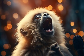 An impassioned gibbon singing from a treetop, forest background, wide shot with echo vibes, macro photography. - obrazy, fototapety, plakaty