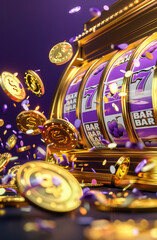 3d ilustration, realistic, centered view, slot machine, 3 slots, in a cassino, glitter purple and gold colour - obrazy, fototapety, plakaty