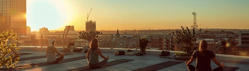 Rooftop yoga session, Earth Day peace banner, city horizon, sunrise ambiance, tranquil mood
