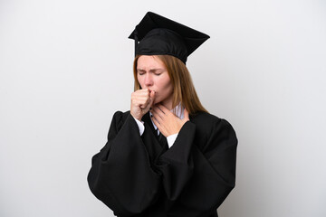 Young university graduate English woman isolated on white background is suffering with cough and feeling bad