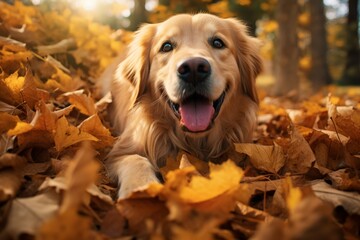 Golden Retriever Dog Chewing on Autumn Leaves