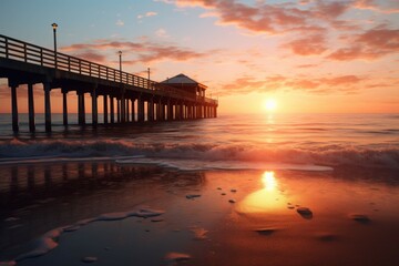 a beach with a pier stretching out into the ocean, with the sun setting in the background - obrazy, fototapety, plakaty