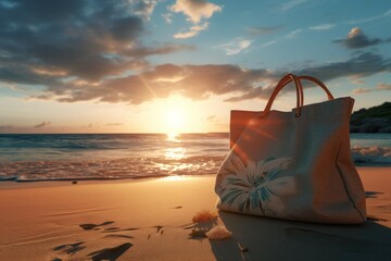 a beach with a beach bag, with the sun setting in the background