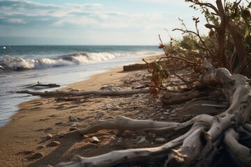 a beach with driftwood scattered around and the sea in the background - obrazy, fototapety, plakaty