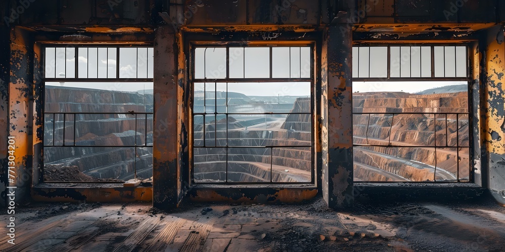 Poster multiple frames displaying operations in an iron ore quarry with various quarry overlooks. concept m
