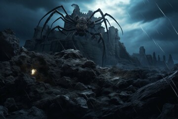 Tarantula crawling on ruined castle in stormy night. - obrazy, fototapety, plakaty