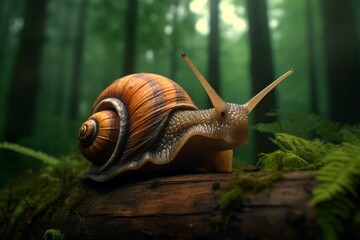 Giant snail crawling on tree trunk in forest - obrazy, fototapety, plakaty