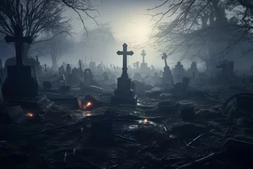 Fototapeten Spooky graveyard with mist and fog. © Michael Böhm