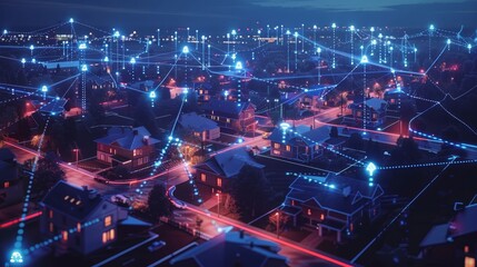 A cityscape with many houses and street lights. The houses are connected by a network of lines, and the street lights are lit up. Concept of connectivity and community, as well as a feeling of warmth