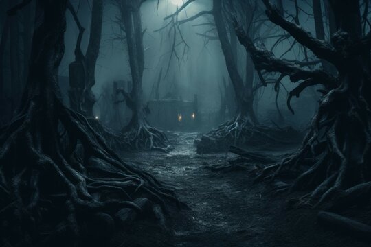 Haunted forest with ghostly apparitions and twisted trees.