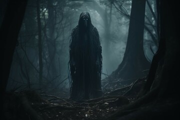 Dark and ominous forest with mysterious figure lurking in the shadows - obrazy, fototapety, plakaty