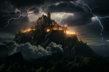 Fototapeta premium Dark castle on a hill with lightning in the background
