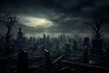 Spooky graveyard with misty atmosphere - obrazy, fototapety, plakaty