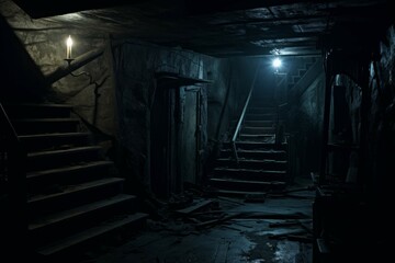 Dark and creepy basement with flickering lights and mysterious shadows