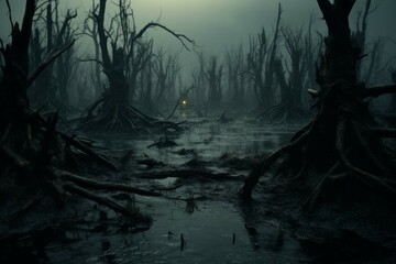 Mysterious swamp with twisted trees - obrazy, fototapety, plakaty