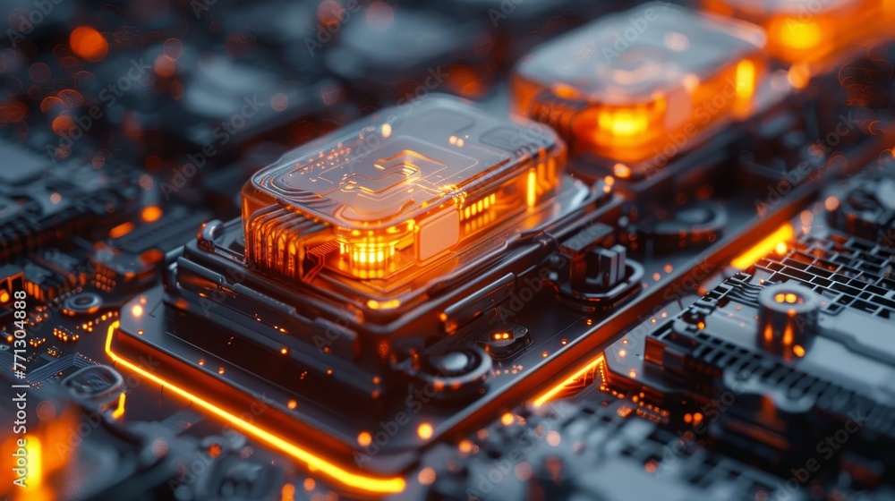 Poster a computer chip is lit up with orange lights. the chip is surrounded by other computer chips and wir