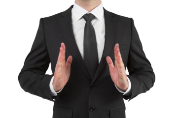 A person in a suit making a gesture with their hands, against a white background, conveying a concept of business or presentation