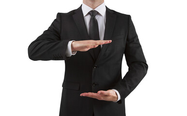 Obraz na płótnie Canvas A man in a business suit presenting an invisible object with his hands, on a white background, illustrating a concept of offering or displaying