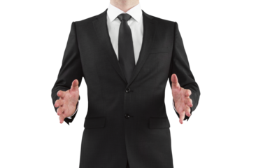 A man in a black suit extending a hand for a handshake on a white background, signifying a professional meet