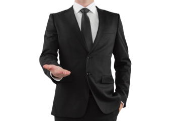 A businessman in a suit with an outstretched hand on a white background, concept of a greeting or offering a deal