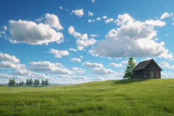Fototapeta na wymiar Wooden cabin in peaceful green meadow with blue sky