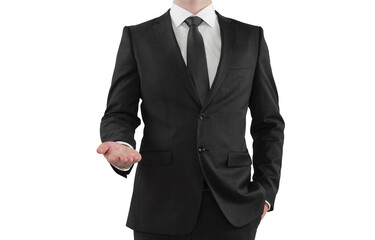 Obraz na płótnie Canvas A man in a business suit extending an empty hand, with a white background, in a photorealistic style with a concept of offering