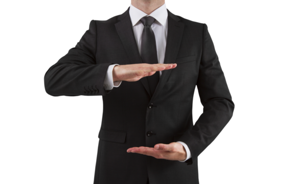 A man in a business suit presenting an invisible object with his hands, on a white background, illustrating a concept of offering or displaying