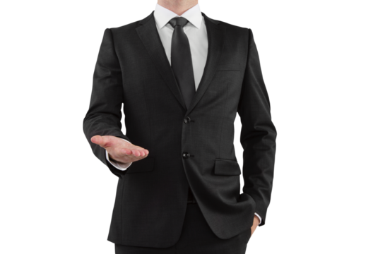 A businessman in a suit with an outstretched hand on a white background, concept of a greeting or offering a deal