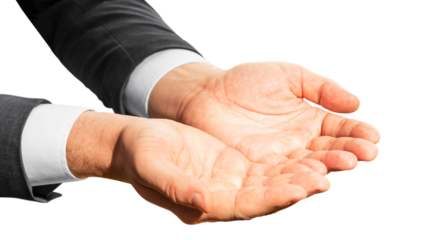 Closeup of two open hands against a white background, depicting the concept of offering, assistance, or availability