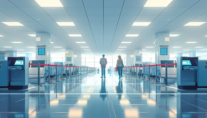 A man and woman walk through a large airport terminal by AI generated image - obrazy, fototapety, plakaty