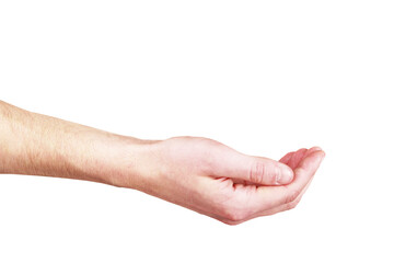 An open human hand presented palm-up, isolated on a white background, conveying the concept of...