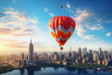 Fototapeta na wymiar Colorful hot air balloon floating over city skyline.