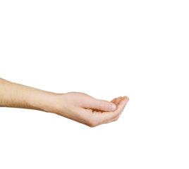 An outstretched male hand, palm up, ready to hold something, isolated on white background, depicting a gesture of holding or supporting