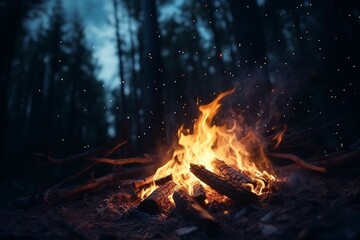 Campfire in a forest under a starry sky.