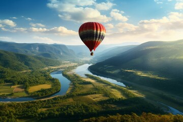Naklejka premium Scenic hot air balloon ride over a mountainous landscape.