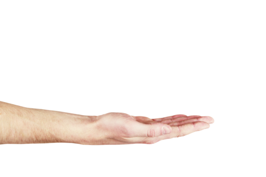 An extended human hand on white background, for concept of offering, assistance or display