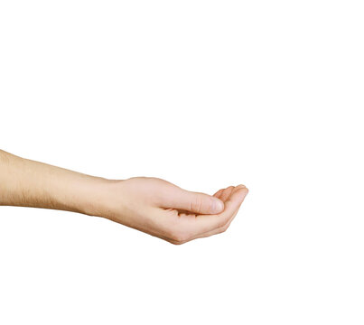 An outstretched male hand, palm up, ready to hold something, isolated on white background, depicting a gesture of holding or supporting