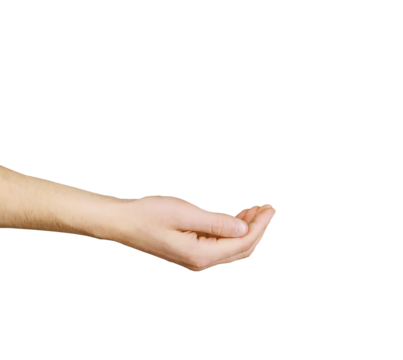 An outstretched male hand, palm up, ready to hold something, isolated on white background, depicting a gesture of holding or supporting