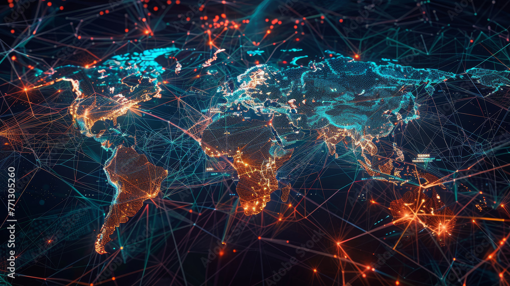 Poster A colorful, glowing map of the world with many lines connecting it