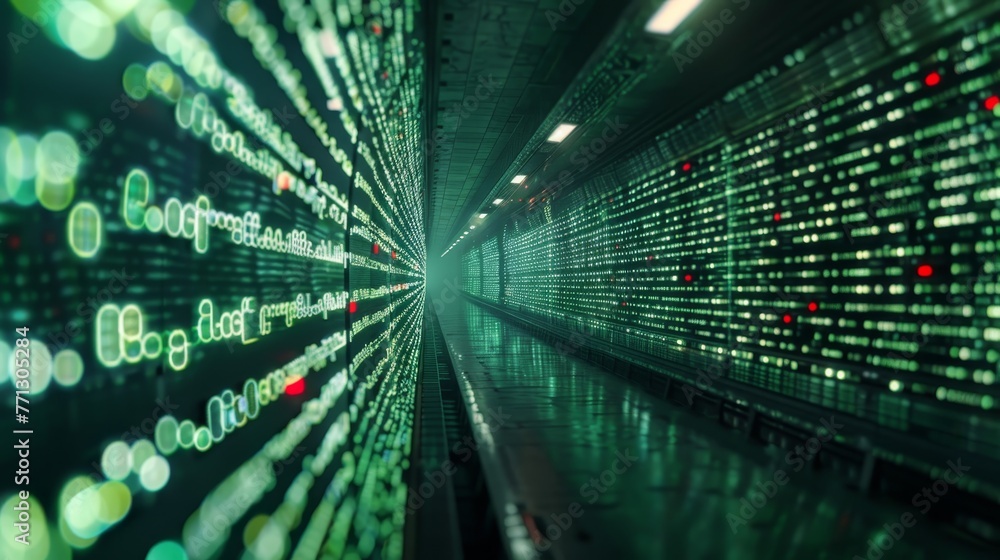 Poster a long green tunnel with many glowing numbers. the tunnel is lit up and he is a computer network