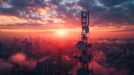A tall tower with a satellite dish on top is silhouetted against a beautiful sunset. The city below is lit up with the warm glow of the sun setting in the distance - obrazy, fototapety, plakaty