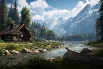 Fototapeta premium Wooden cabin in forest with river and mountain view